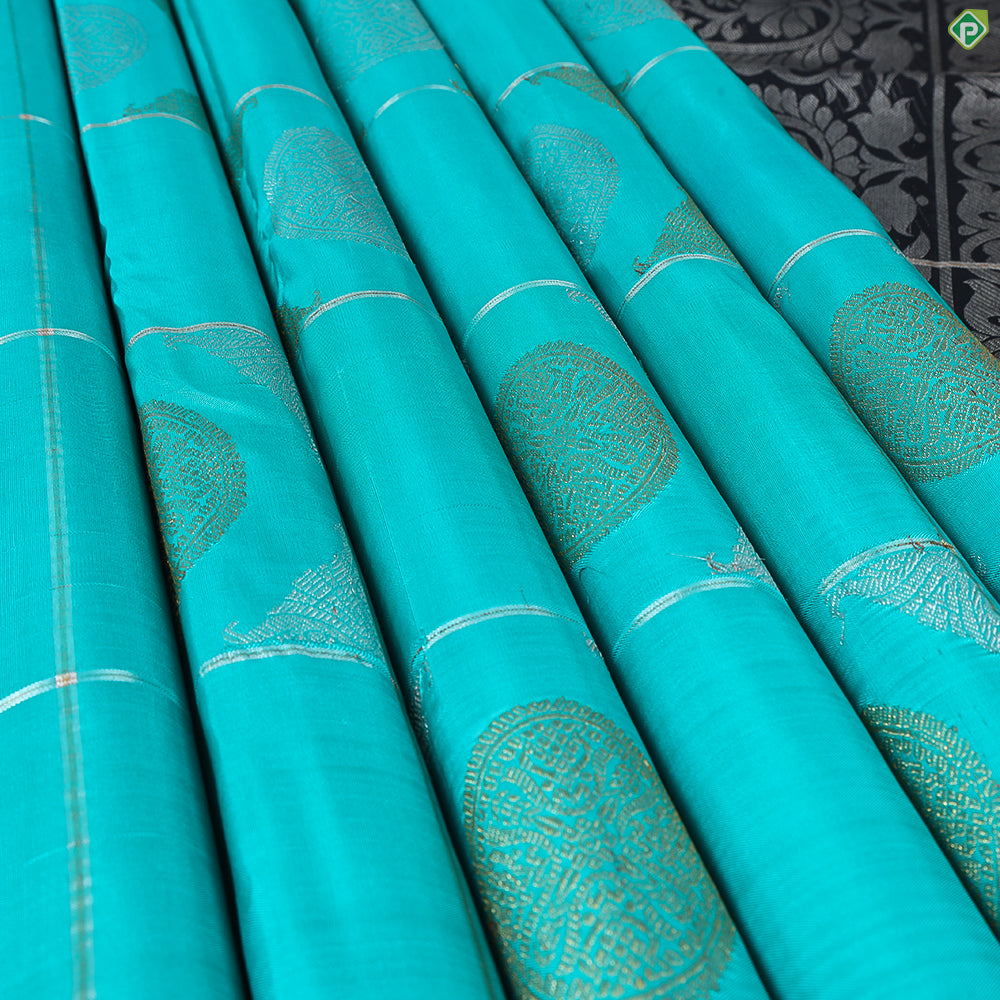 Peacock Green With Silver Zari Checked Edge Border Trendy Designer Silk Saree
