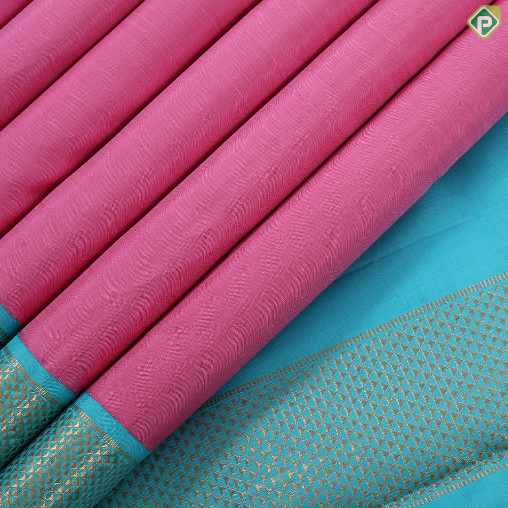 baby pink plain weaved design contrast sky blue gold zari mayilkan border 9 yards silk saree