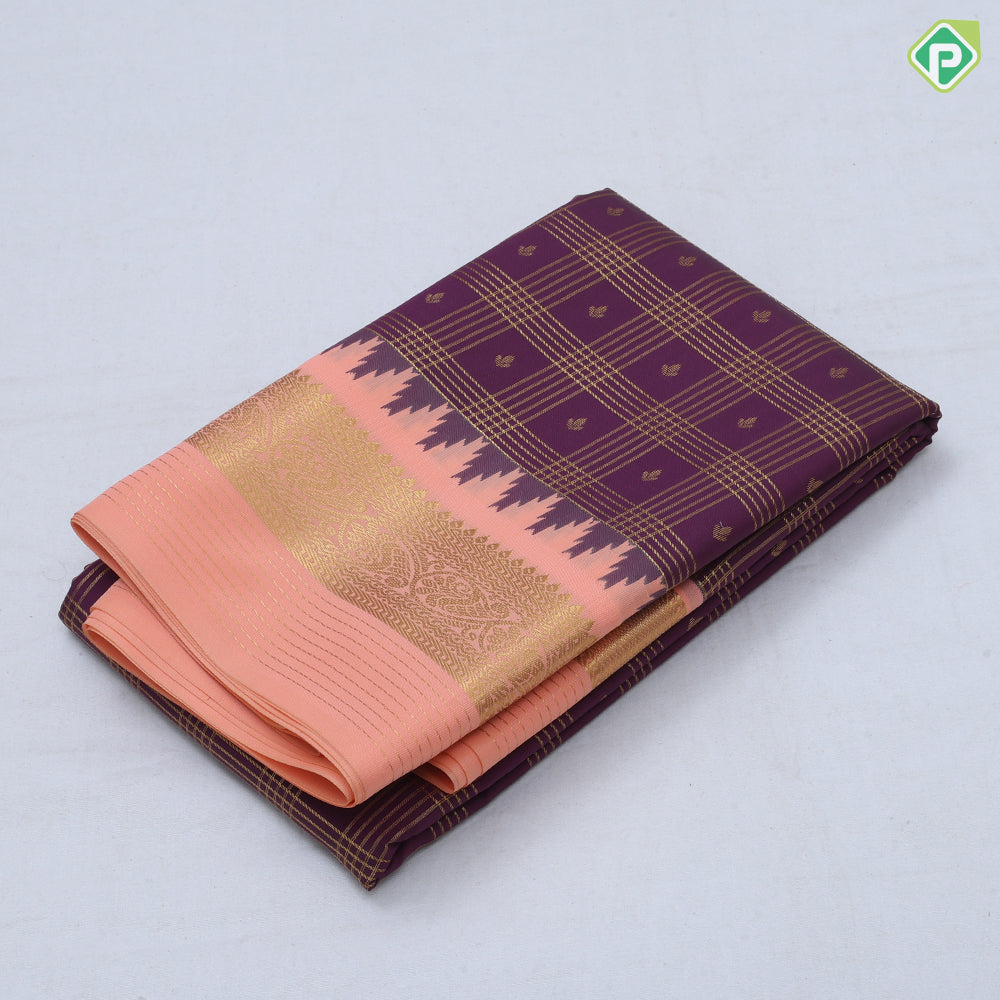 Manthulir green gold zari multi lines checks purple gold zari diamond butta temple border art silk saree