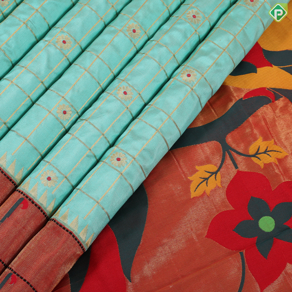 Pista green gold zari double checkered design orange pythonic border banaras silk saree