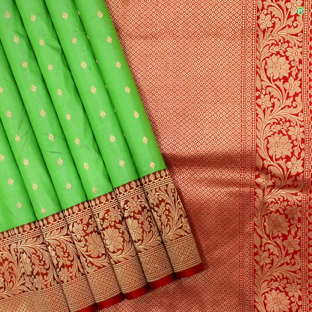 Pista Green With Chilly Red Colour Small Flower Motifs Pure  Banarasi Silks Saree