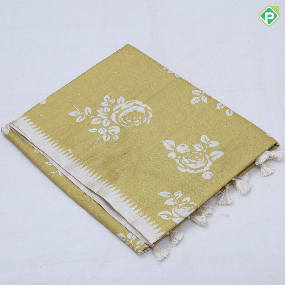 trending colors cream printed flower design white temple border semi tusser saree