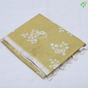 trending colors cream printed flower design white temple border semi tusser saree