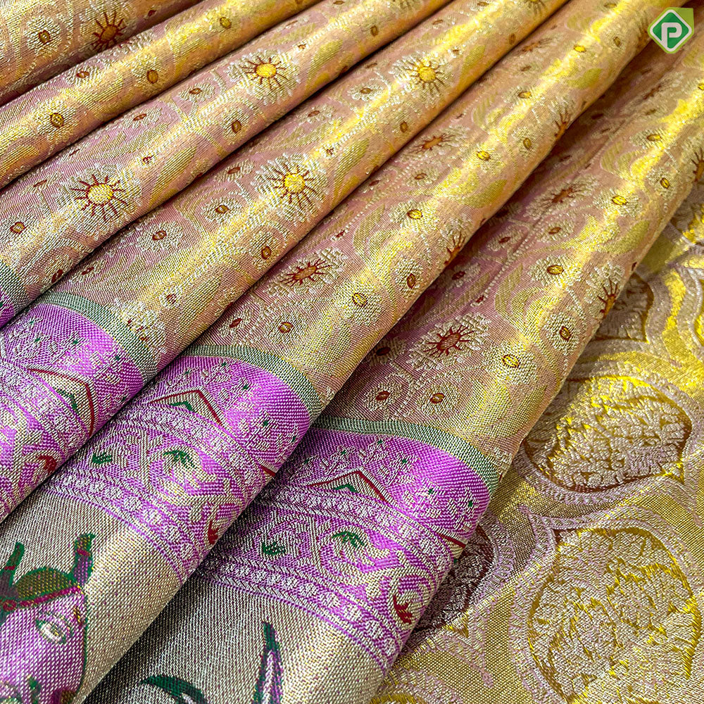 Onion Pink With Silver Gold Zari Floral Design Baby Pink Pythonic Border Grand Bridal Silk Saree