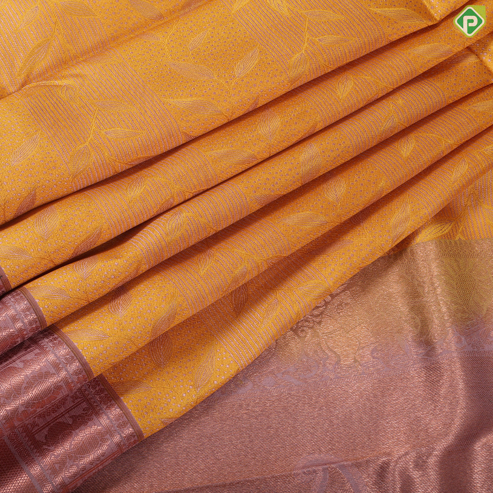 cyber yellow thread work embossed design onion pink copper zari border trendy silk saree