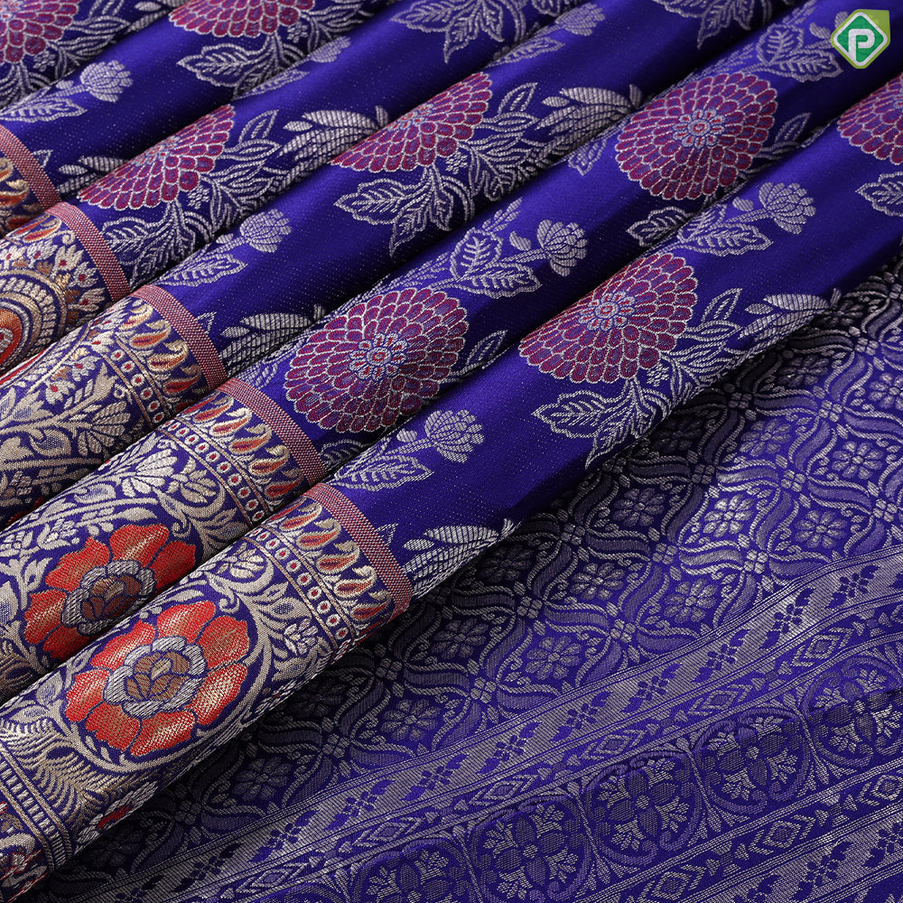 Royal violet blooming flower meena work design self border exclusive bridal silk saree