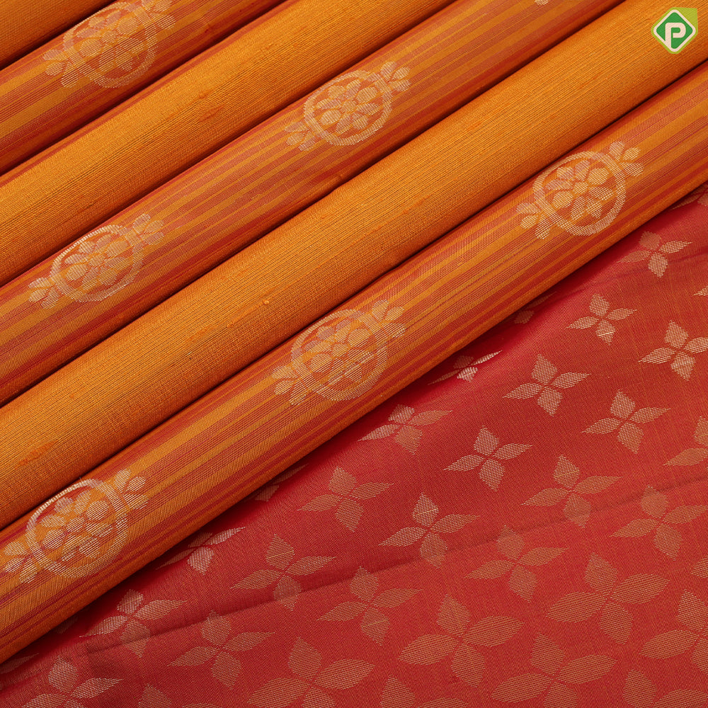 Honey orange rani pink stripes gold zari round flower design borderless grand pallu soft silk saree