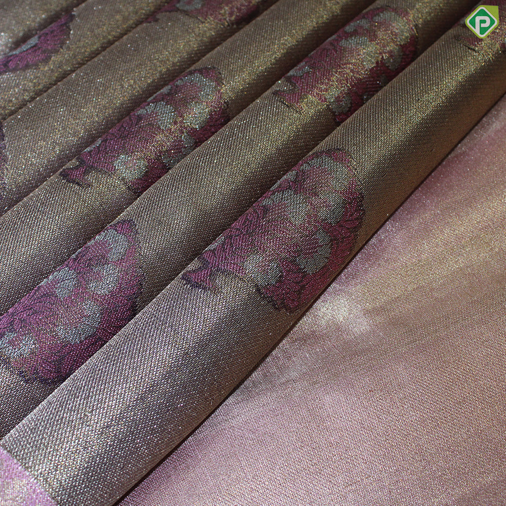 Golden Beige Fancy Tree Butta Contrast Pink Silver Gold Zari Mayilkan Border Grand Bridal Silk Saree