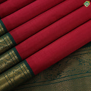Maroon red plain weaved design bottle green gold zari peacock arch butta border madisar 9 yards silk saree