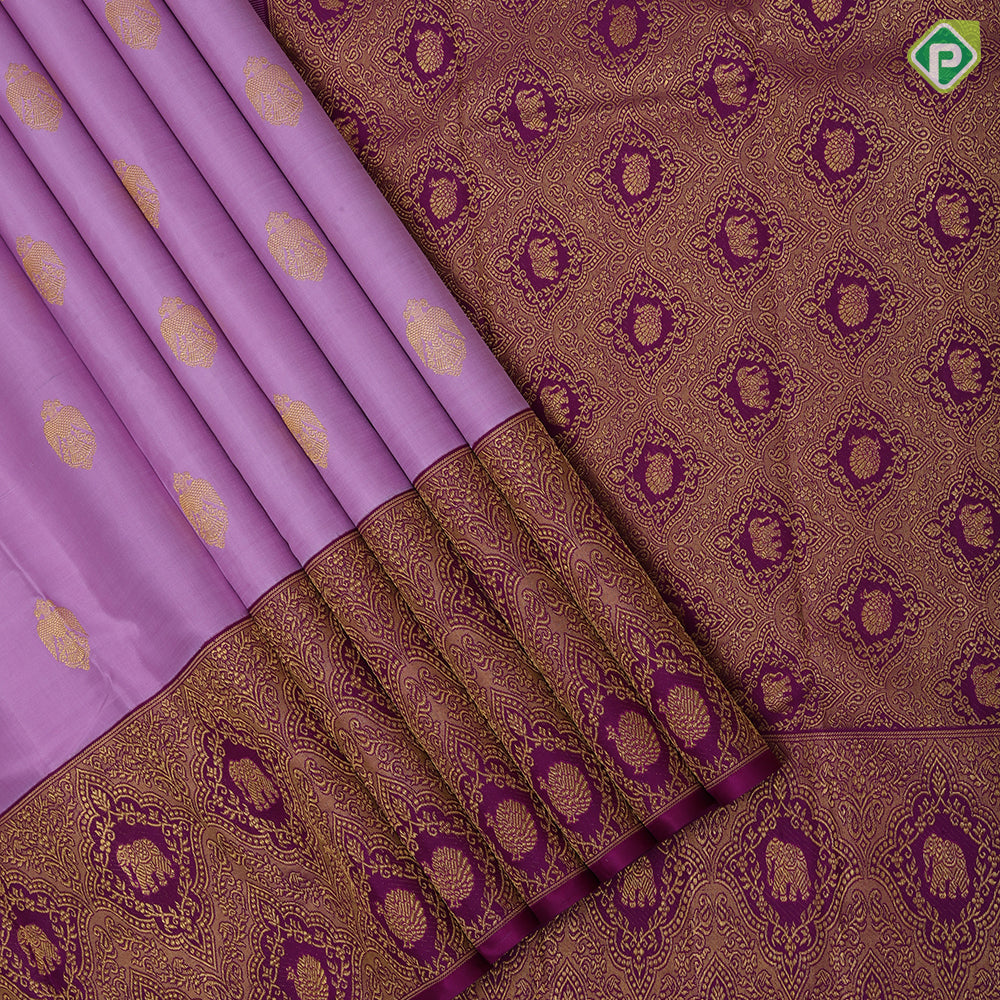 Lavender pink gold zari kandapiranda butta design purple gold zari peacock elephant butta banaras style border Fusion silk saree