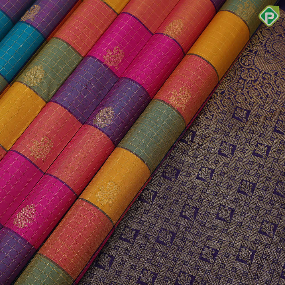 Multi color paalum pazhamum design gold zari butta and checks design contrast blue silver gold zari multi lines border traditional silk saree