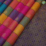 Multi color paalum pazhamum design gold zari butta and checks design contrast blue silver gold zari multi lines border traditional silk saree