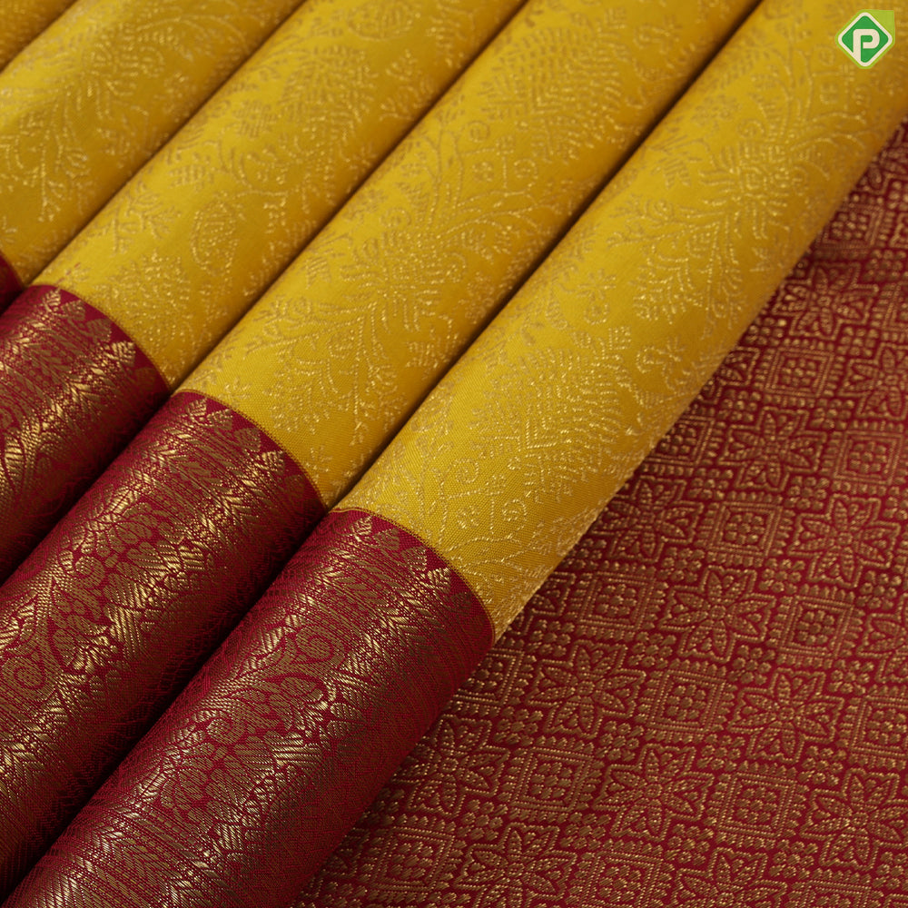 Mango Yellow Grand Contrast Red Border Exclusive Bridal Silk Saree