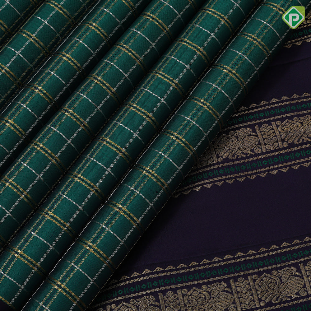 Emarald green silver and gold zari thick zari kattam Indigo blue gold zari with thread work three lines border vintage silk saree