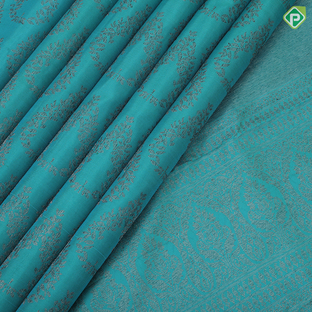 Teal Blue Neem Zari Floral Design Self Colour Border Design Grand Silk Saree