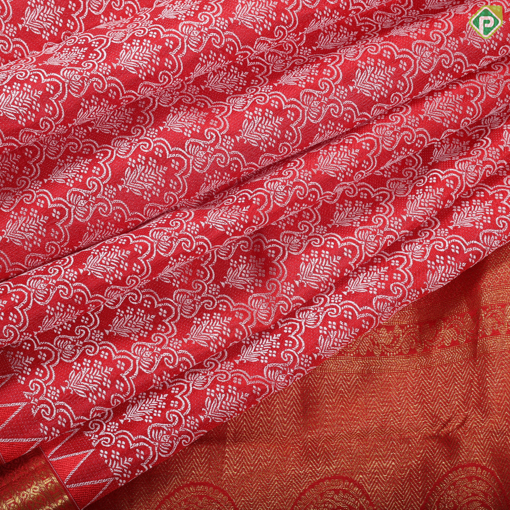 Chilly red white thread work embossed design Rani red with gold zari flower pot border trendy silk saree