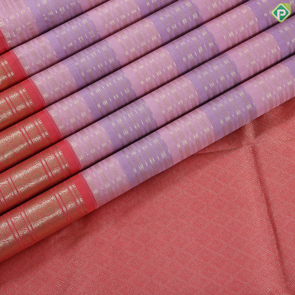 pink lavender base silver gold zari vairaoosi design peach red gold zari multi lines butta border traditional silk saree