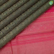 Forest green gold zari flying horse and annam butta checks Pink gold zari rangoli design temple border traditional silk saree