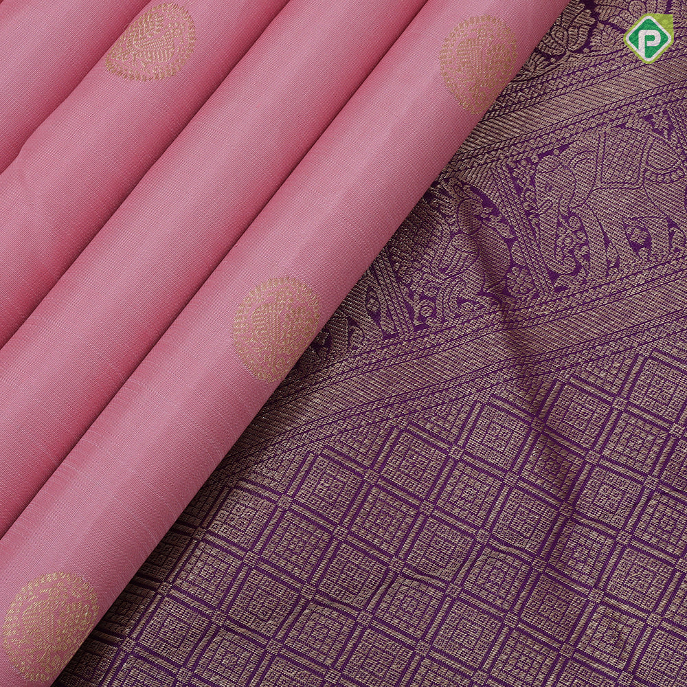 Salmon Pink Gold Zari Peacock Motif Design Purple Colour Yazhi Peacock Ruthracham Border Design Traditional Silk Saree