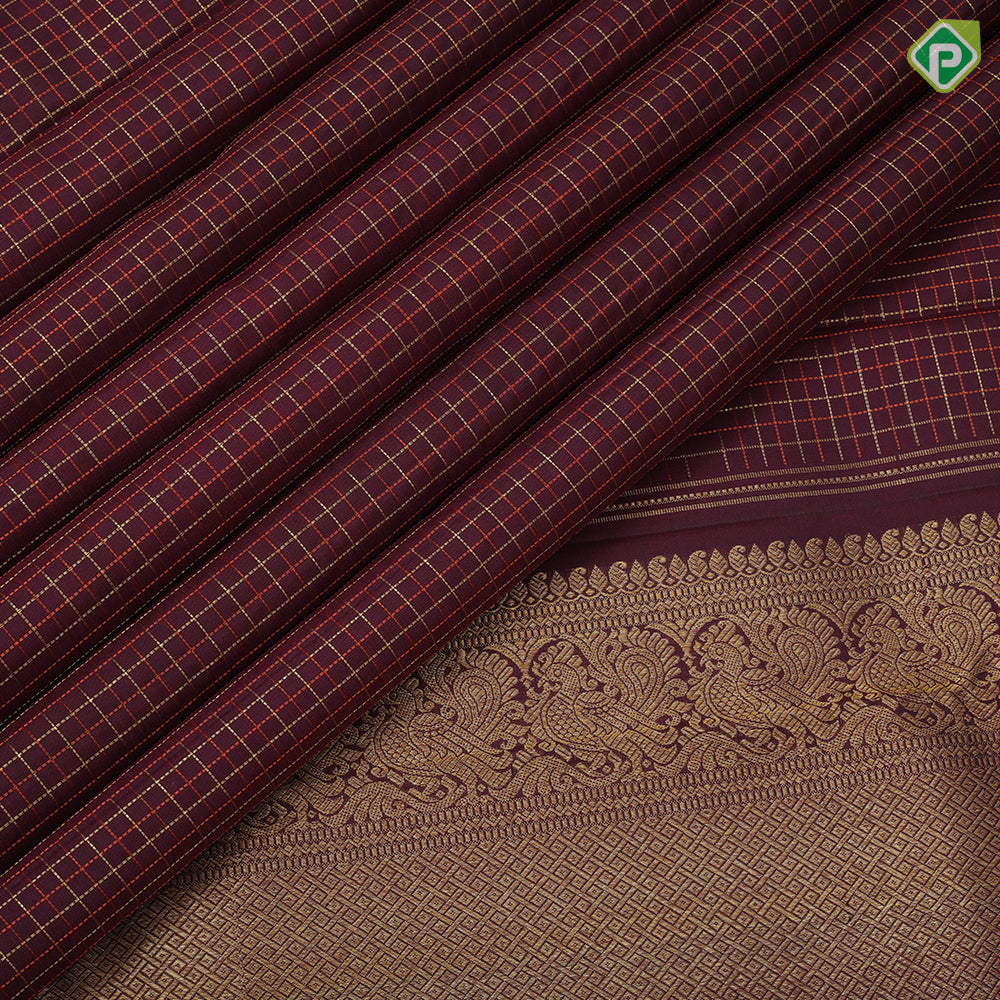 grape brown gold zari and silk thread checks design self gold zari peacock lines border traditional silk saree