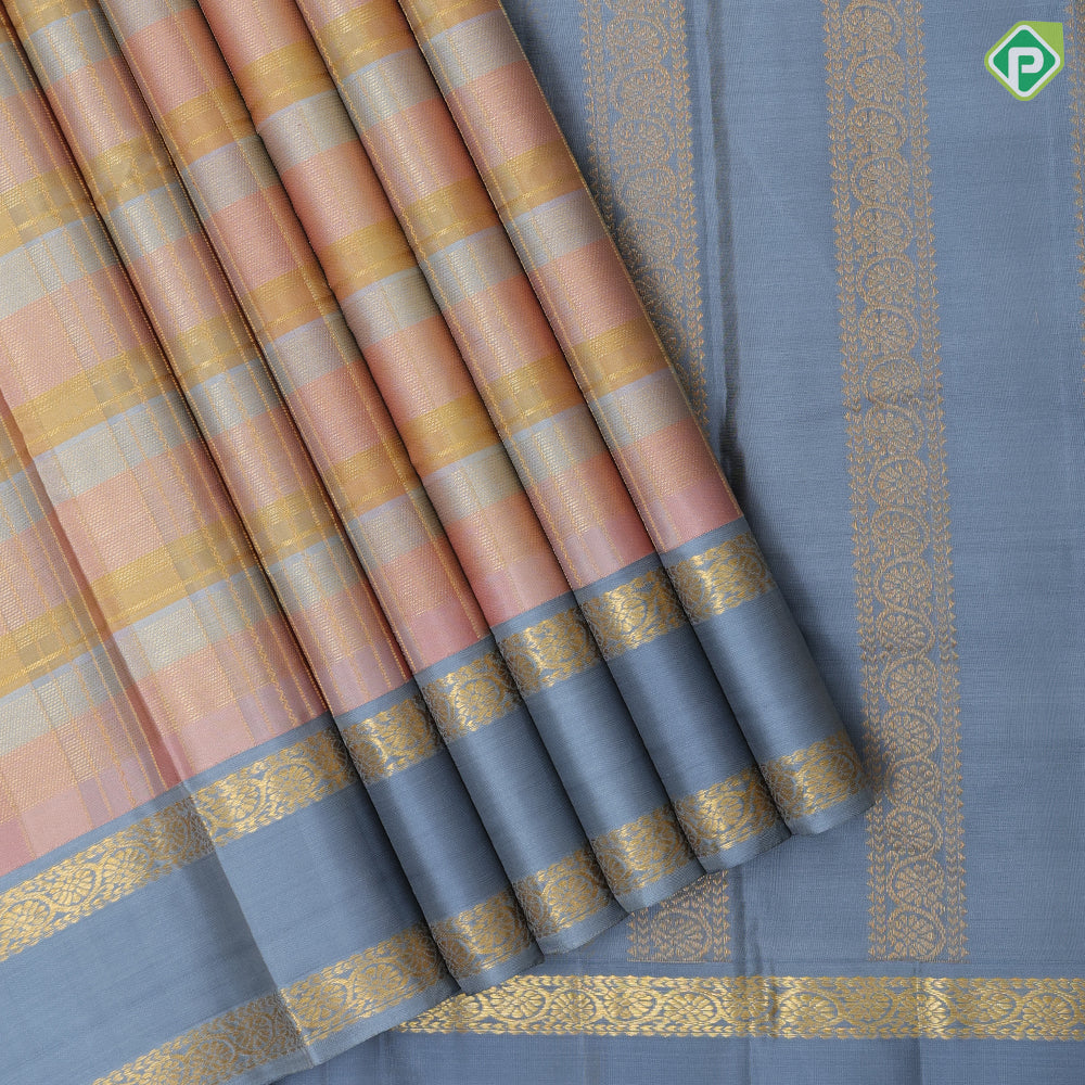 Pink yellow grey tricolor gold zari checks design grey with gold zari rettapet border trendy designer silk saree