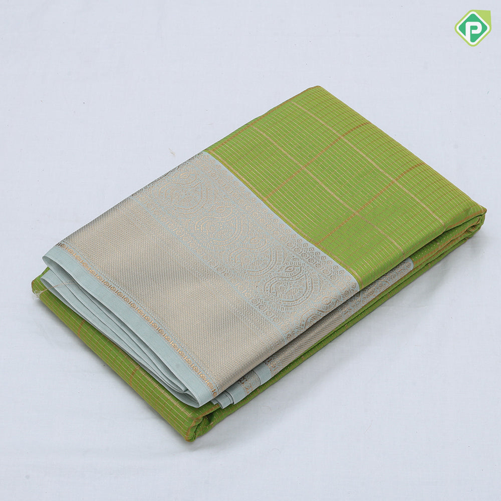 Mustard yellow gold zari checked window panel design mint green gold zari mango butta border art silk saree