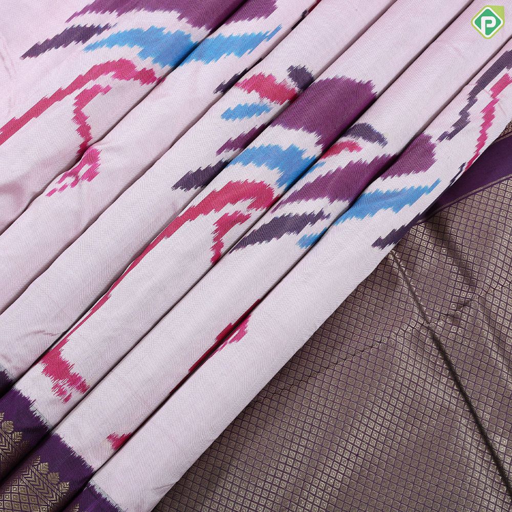 Powder Pink multi color Flamingo ikkat design Violet gold zari diamond butta border ikkat silk saree