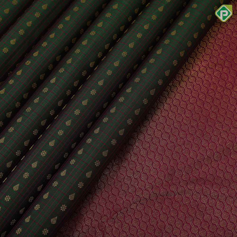 Army green maroon checks gold zari thilagam star butta maroon gold zari yaali design border traditional silk saree