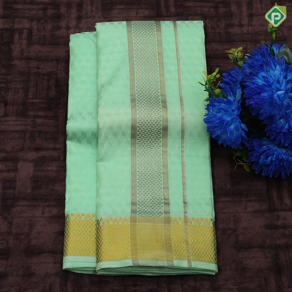 Pista green self weaved Design self gold zari Border 8*4 pure Silk Dhoti 3 in 1 Vesti set