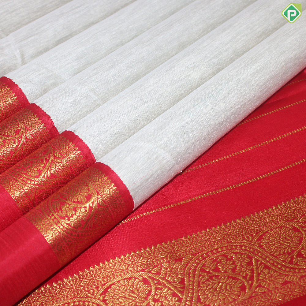 Cream White Gold Zari With Red Flower Design Border Organza Traditional Silk Saree