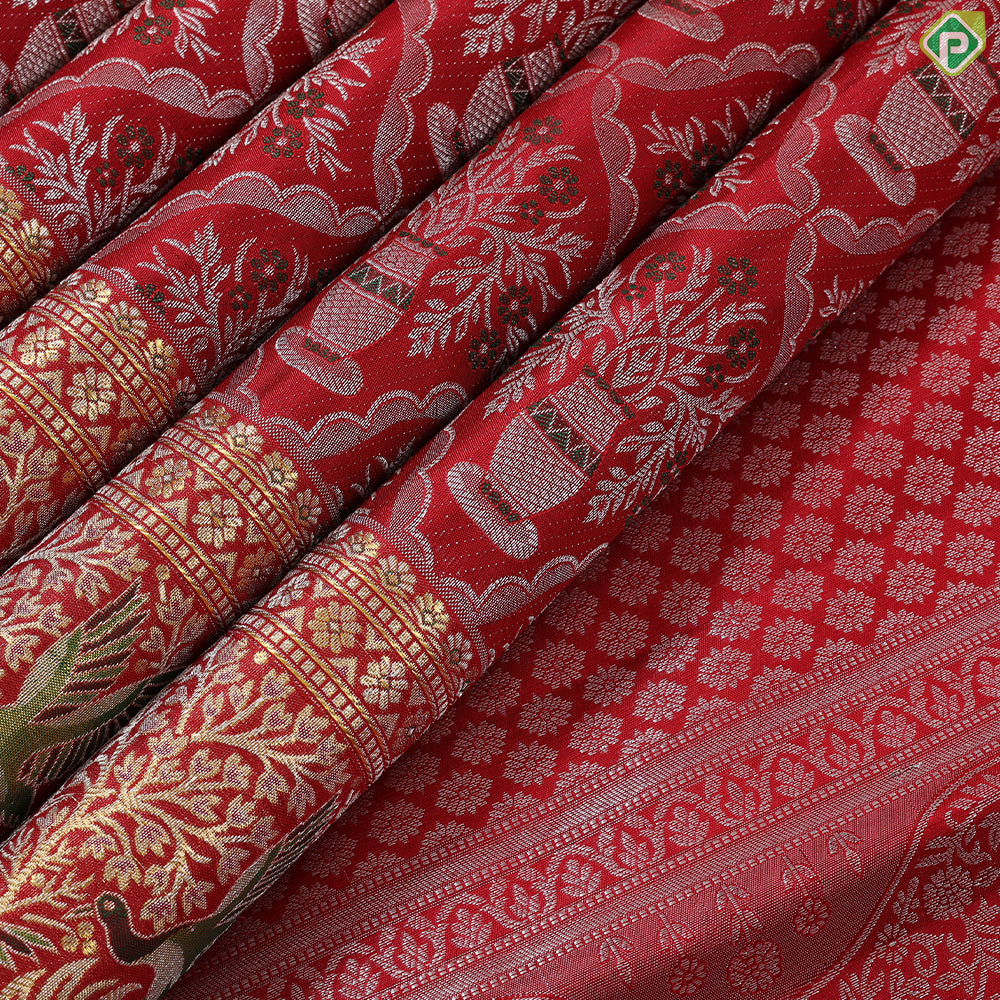 Chilly Red silver zari meena work pots into checks design self gold zari meena work border exclusive wedding silk saree