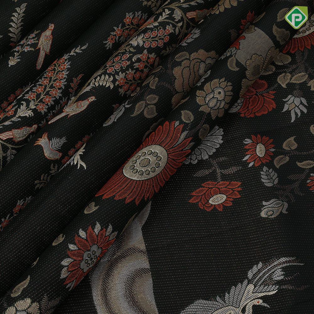 Dark emerald green molten golden zari birds grand tree florals diamond pattern borders landscape inspired signature silk saree