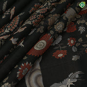 Dark emerald green molten golden zari birds grand tree florals diamond pattern borders landscape inspired signature silk saree