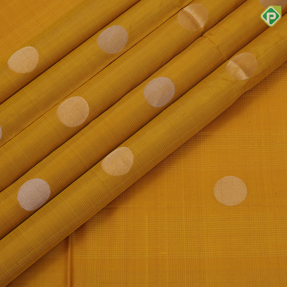 Emarald green silver gold zari round dots self gold zari border contrast orange pallu soft silk saree