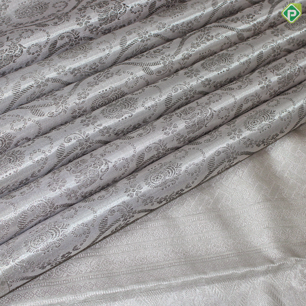 Silver Zari Full Tissue Chocolate Brown Color Flower Motif Grand Traditional Silk Saree