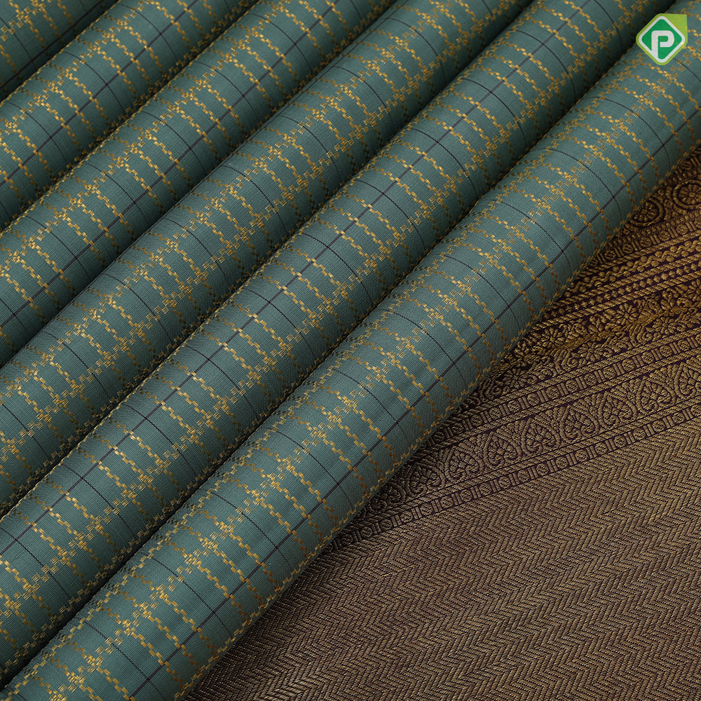 Sage green gold zari designer checks chocolate brown gold zari multi butta lines border vintage traditional silk saree