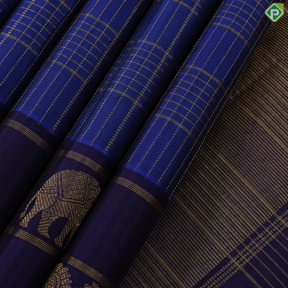 Navy Blue Gold Zari Kattam and royal blue with elephant and peacock separated lines border traditional silk saree