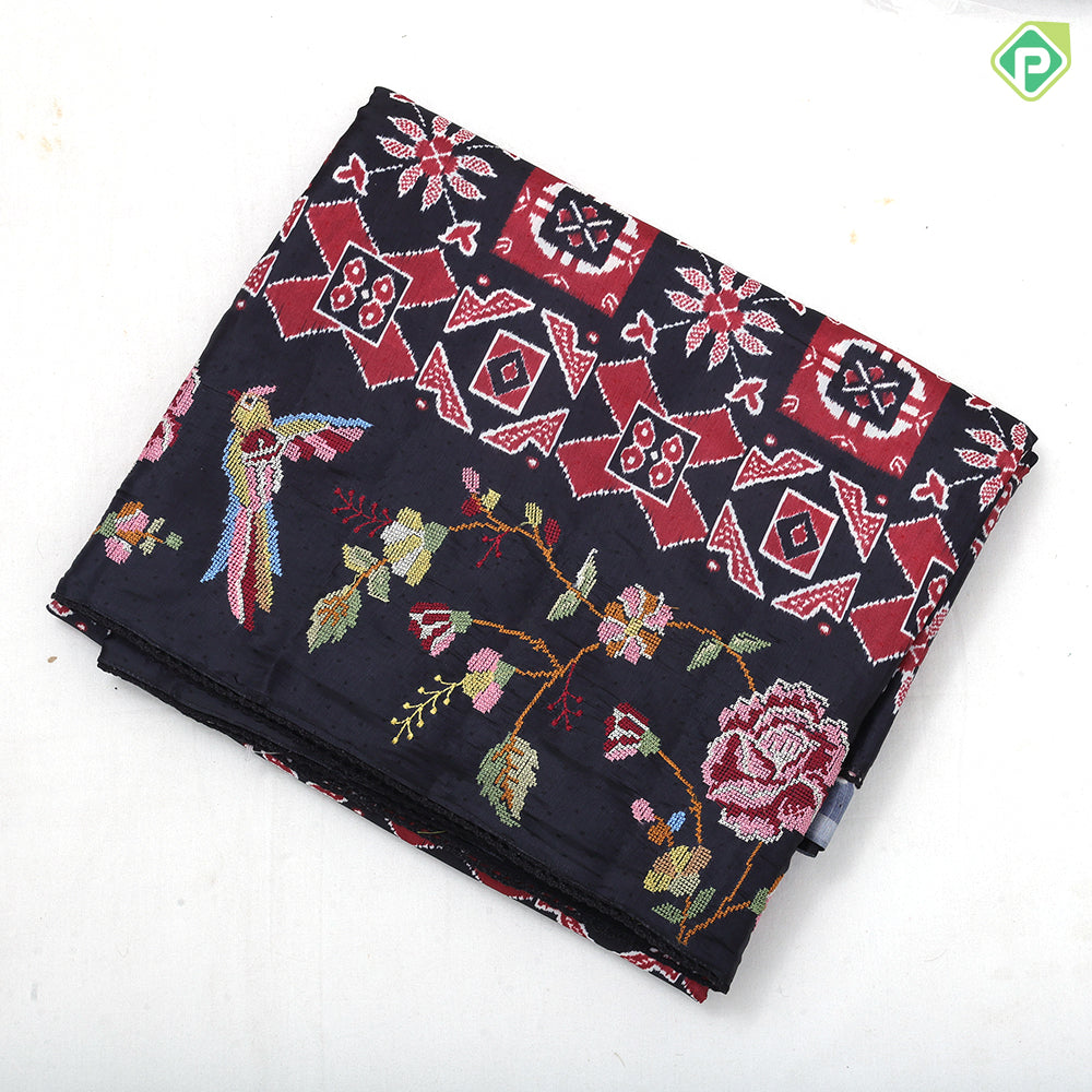 Black base trending color geometrical pattern self multi color embroidered border fancy dola silk saree