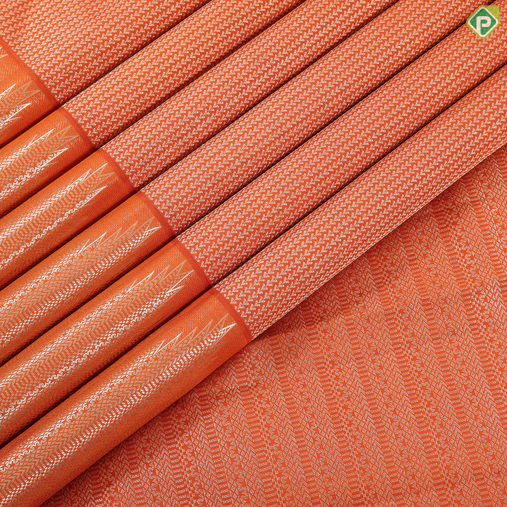 fire Orange silver gold zari fancy Beed stripes design self silver gold zari temple tower trendy tissue silk saree