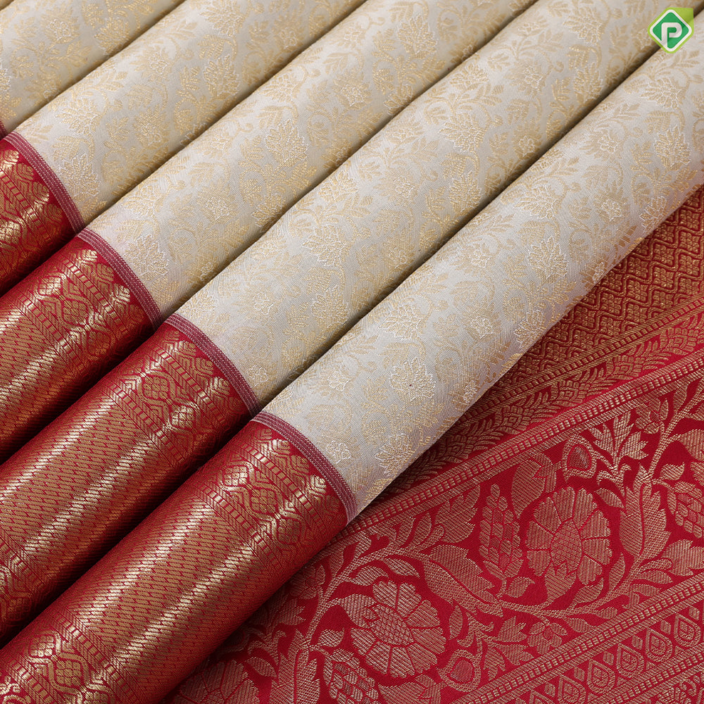 Milk white gold zari grand floral design contrast maroon with gold zari border bridal silk saree