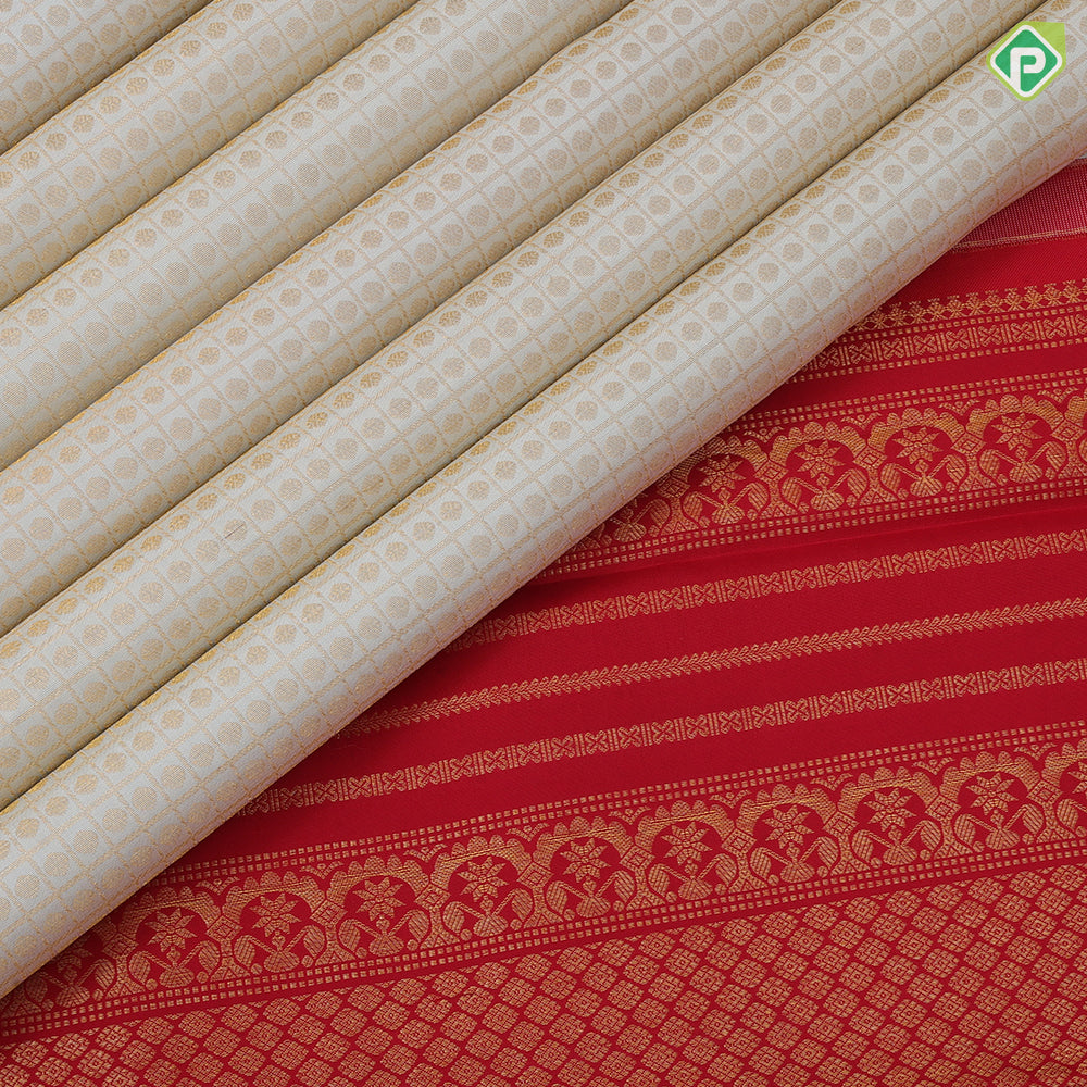 Half White gold zari kattam and thousand butta motifs contrast red gold zari lines temple border tradtional silk saree