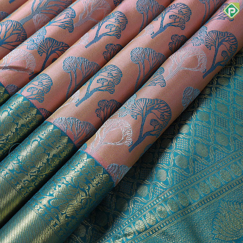 Orangish Pink With Gold Zari Floral Retta Pet Border Trendy Design Saree