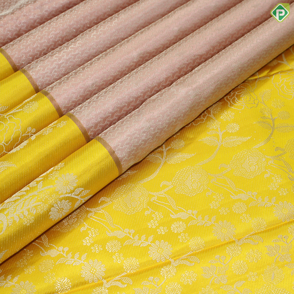 Peach Pink Silver Zari With Yellow Color Fancy Trendy  Silk Saree