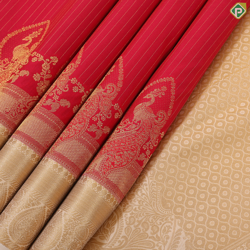 Tomato red gold zari stripes peacock design contrast cream gold zari thilagam border art silk gift saree