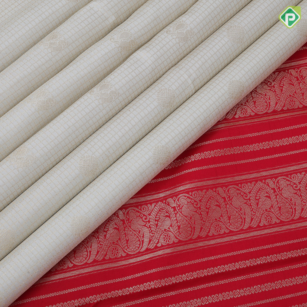 White Gold Zari Small Checks Peacock Chagaram Design Chilly Red Floral Peacock Border Design Traditional Silk Saree