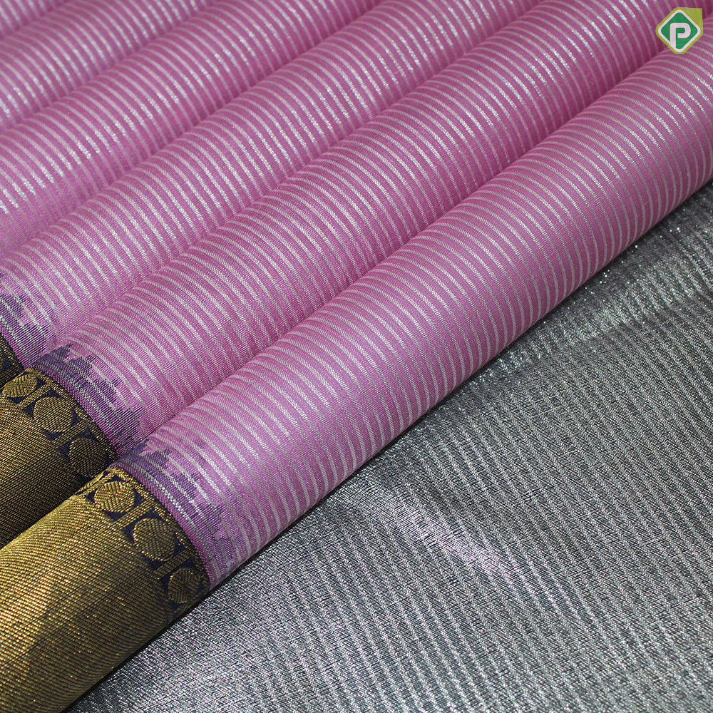 Baby Pink Silver Zari Velthari Lines Contrast Grape Brown Gold Zari Border Traditional Silk Saree