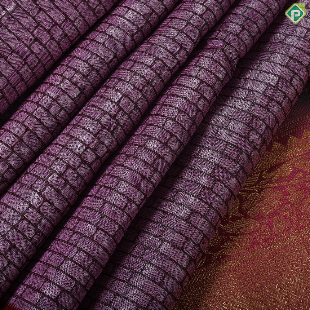 purple pink brick wall design contrast red gold zari rangoli zig zag border trendy silk saree