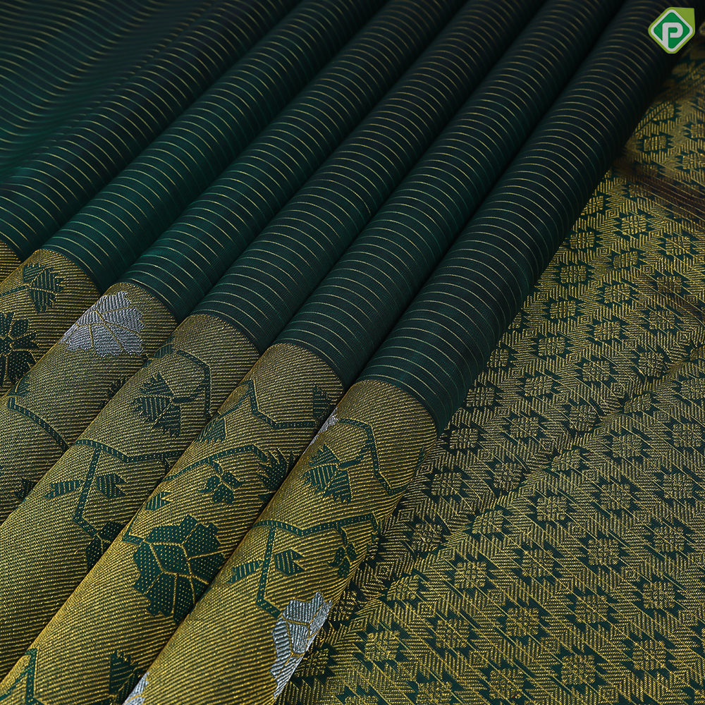 Bottle Green With Silver Zari Fancy Ikkat Design Butta Border Trendy Designer Silk Saree