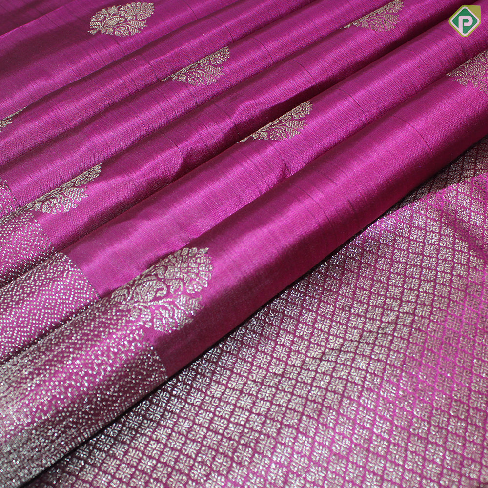 Magenta With Neem Zari Flower Butta Self With Silver Zari Border Traditional Silk Saree