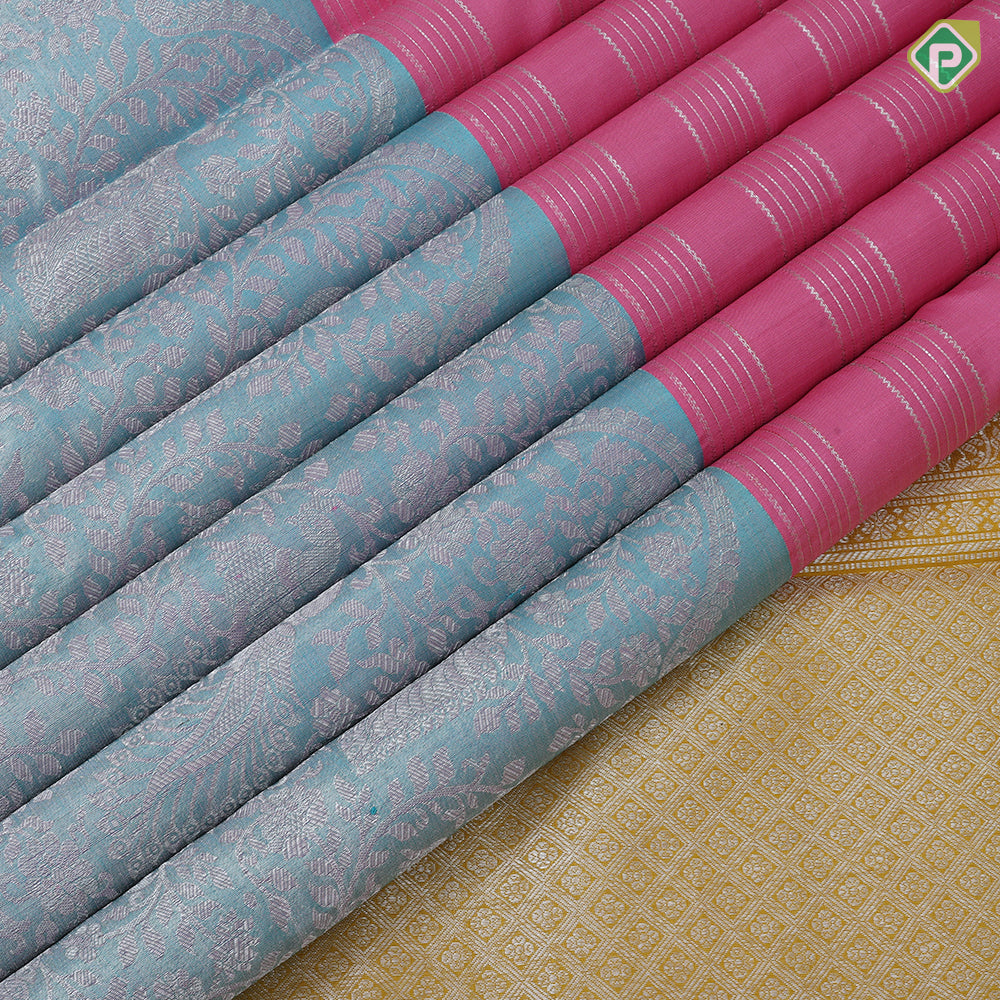 Bubblegum Pink Rexsona Green Silver Zari Peacock Lines Design Mustard Bavanji Border Design Trending Fancy Silk Saree
